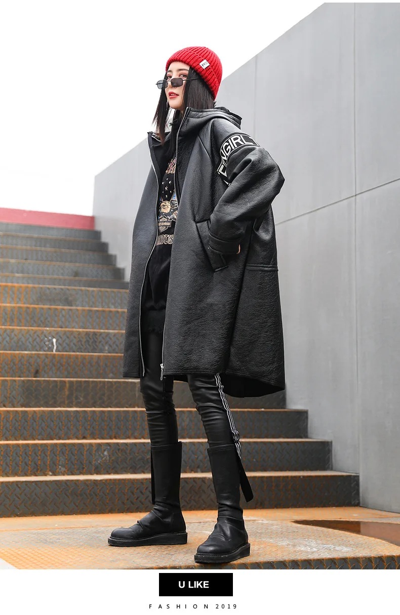 Vefadisa Черная Женская куртка из искусственной кожи зимнее кожаное пальто с капюшоном длинное Свободное пальто из искусственной кожи с буквенным принтом Harajuku QYF1157