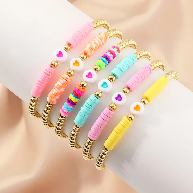 New Colorful Polymer Clay Discs Bracelet Women Cute Heart Handmade