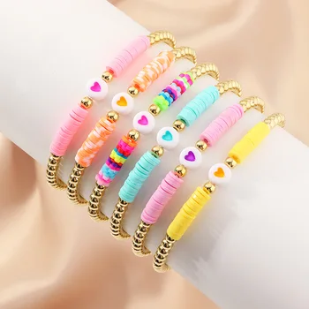 

New Colorful Polymer Clay Discs Bracelet Women Cute Heart Handmade Adjustable Gold Color Beads Bracelet Femme Party Jewelry