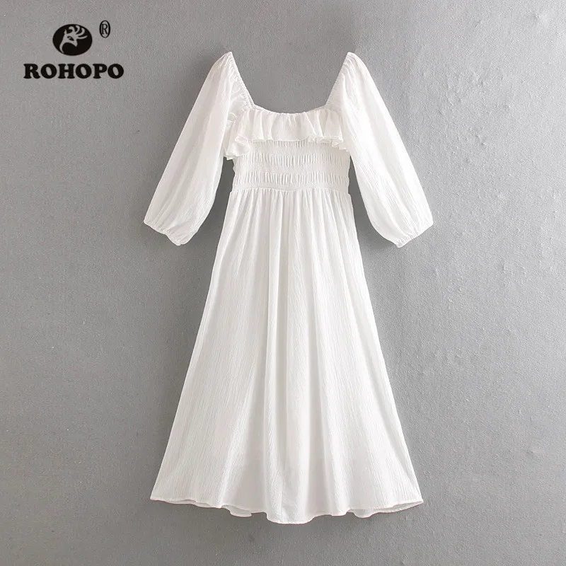 ROHOPO, плиссированное, квадратный воротник, однотонное, черное, белое, хлопок, лен, платье миди, двойной слой, для девушек, осенняя туника, макси, Vestido#9523