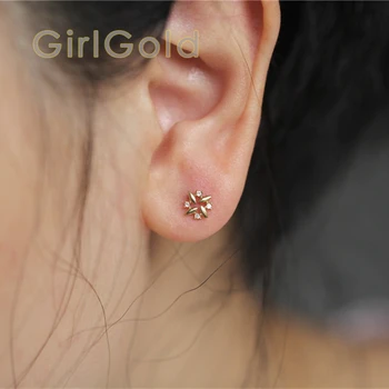 

9K solid gold Snowflake shape crystal stud earring Mini dainty women minimal simple style gift bridesmaid