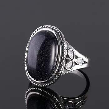 

S925 Sterling Silver Jewelry Vintage Rings Blue Sandstone Rings for Women's With 11x17MM Big Oval Gemstone Fine Jewelri