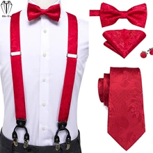 

Luxury Silk Men's Suspender 6 Clips Braces Bow tie Necktie Hanky Cufflinks Set Vintage Gold Red Blue Pink Green Wedding Daily