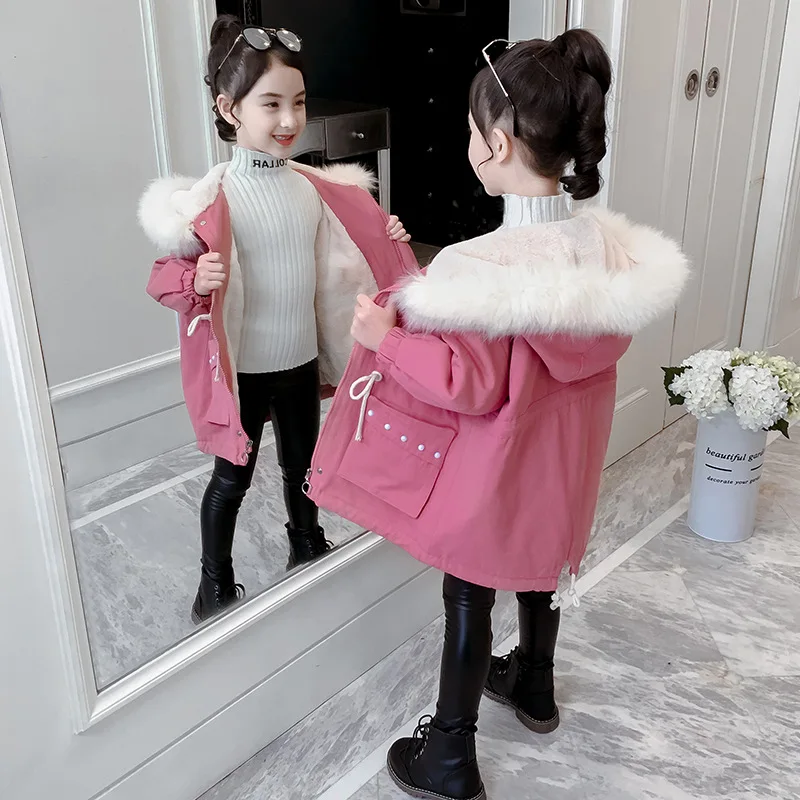 

Girl'S Coat Winter 2019 New Style Autumn And Winter Children plus Velvet Parka Mid-length Childrenswear Thick Cotton-padded Clot