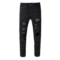 Sokotoo Men's slim skinny crystal rhinestone patchwork ripped jeans Fashion patch black stretch denim pants 1