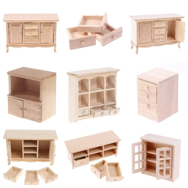 Wood Color 1/12 Dollhouse Miniature Mini Simulated Wooden Cabinet Lockers TV Cabinet With Drawer Furniture Model Toy Accessories 2