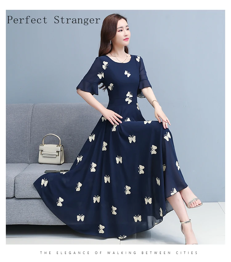 2020 Summer New Arrival V Collar Bowknot Embroidery Flare Sleeve Woman Chiffon Long Dress Plus Size M-3XL | Женская одежда