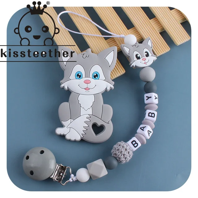 Kissteether Personalized Name Handmade Pacifier Clips Holder Chain Silicone Pacifier Chains Set Civet Cat Baby Teether Chain Gray