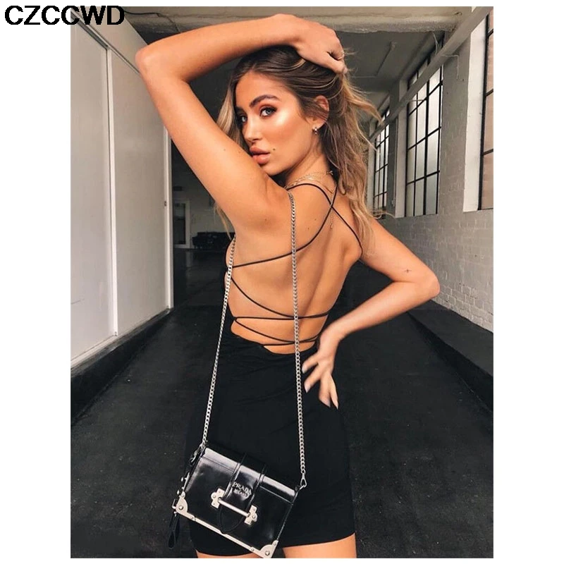 

Summer Dress 2019 Sundress Women Dress Elegant Backless Sleeveless Bandgae Solid Bodycon Dress Sexy Mini Party Dress Vestidos