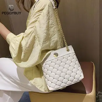 

Casual Large Capacity Women Tote Shoulder Bag PU Leather Ladies Bucket Ladies Handbags Rivet Chain Messenger Shoulder Bag Totes