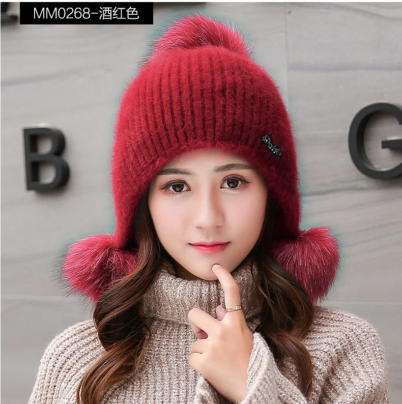 Student Skullies Beanies Hat for Women Autumn Winter Solid Hats Ear Protector Pom Poms Wool Rabbit Fur Knitted Hat F18703AD