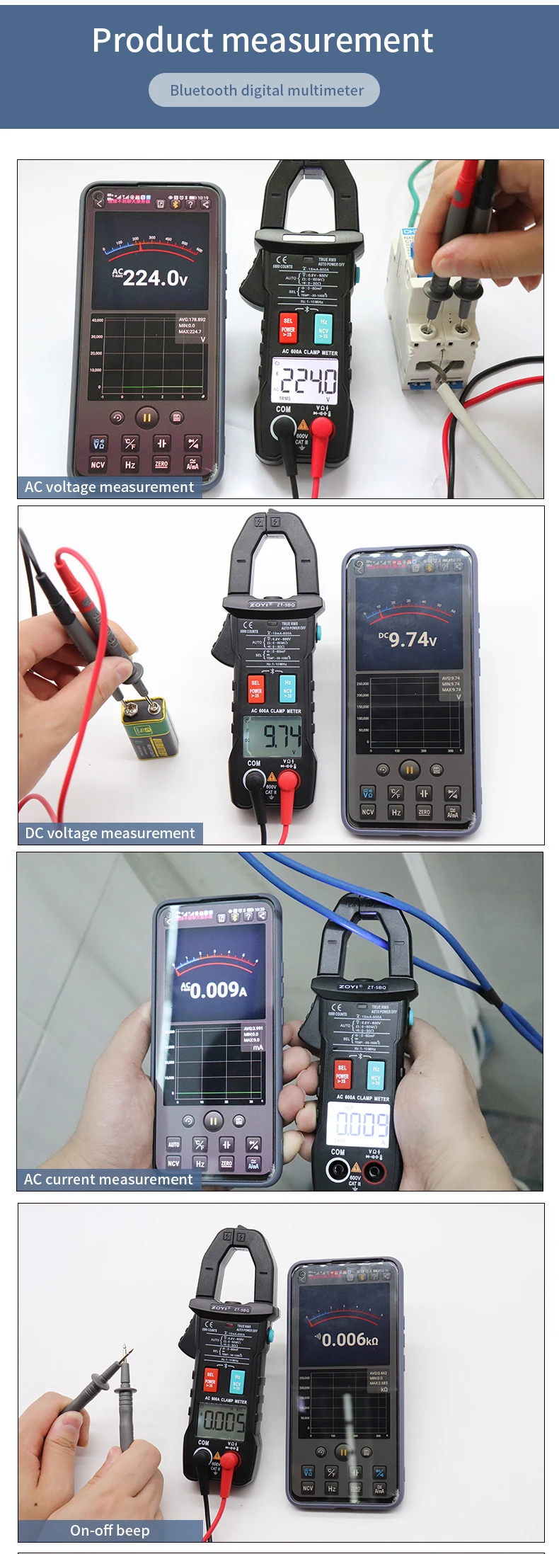 ZOYI ZT-5BQ Bluetooth Clamp Meter Multimeter Digital Current Pliers Amperometric Meter AC/DC Voltmeter Ammeter Auto Range Tester steel tape measure