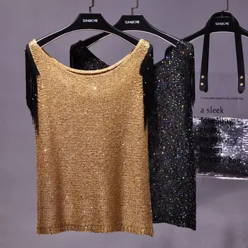 

Qooth Shiny Lurex Knitted T Shirts Women 2020 Spring Sleeveless Tassel Sequin Tops T shirt Woman Solid Tees Harajuku qh2181