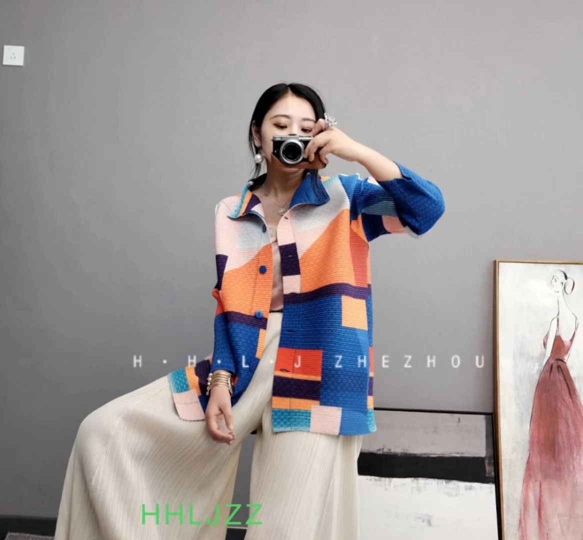Модное однобортное пальто Miyake с отложным воротником и геометрическим принтом, с широкими рукавами-фонариками