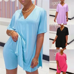 Summer Two Piece Set Women Clothes Casual V-Neck Short Sleeve T Shirt Top And Shorts Set Streetwear Sexy 2 Piece Outfits For Wom