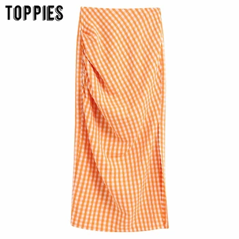 

2020 women jacquard plaid skirts high waist orange midi skirts summer sandy beach clothes