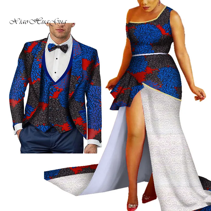 Африканские платья с принтом русалки для пары африканская Дашики одежда для пары женское платье+ мужской блейзер и жилет комплект из 3 предметов WYQ431 - Цвет: 10