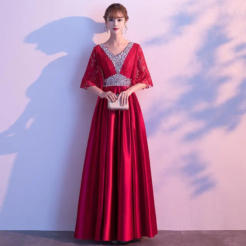 Элегантные платья для выпускного вечера с коротким рукавом Cheongsam Robe De Soiree изысканное китайское женское шикарное вечернее платье-макси с v-образным вырезом - Цвет: Claret 6