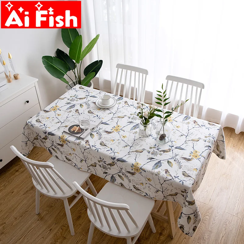 

American Pastoral Cotton Linens Bird Print Design Household Rectangle Tablecloth For Kitchen Dinner Napkin Cloth Decoration #5