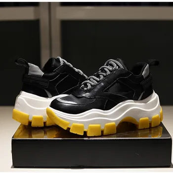 

White Yellow Ridged Sole Platform Casual Shoes Height Increasing Leather Loafers Shoes Reflective Mesh Trainers Shoes Women