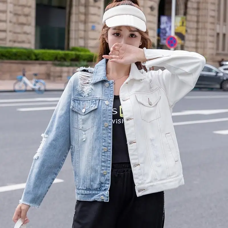 2019 Slim Denim Jacket Women Clothes Double Color Splicing Jeans Jacket