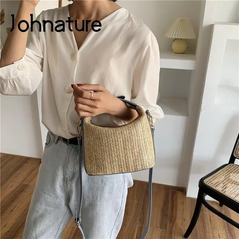 Johnature Fashion Straw Bag Women Summer 2024 New Versatile Woven Handbag Leisure Holiday Beach Shoulder & Crossbody Bags image_0