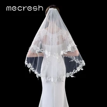 Mecresh Бежевый Аппликация Свадебные фаты для невест с расческой Свадебные Для женщин кружевные аксессуары двухслойной юбкой и цветами Свадебная Фата локоть Длина VTS007