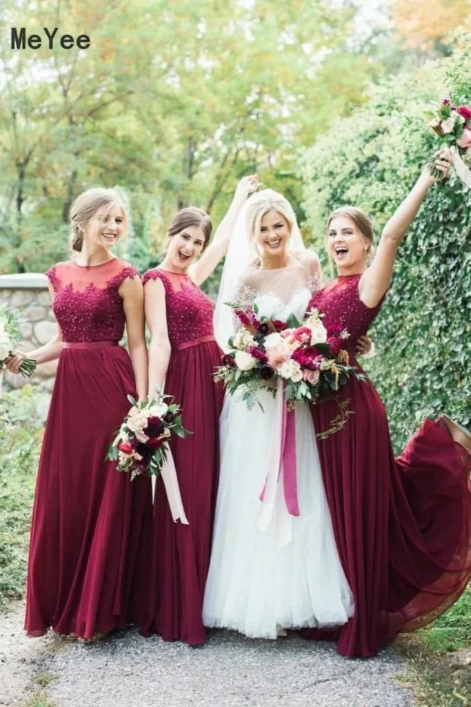 

Burgundy Long Chiffon Bridesmaid Dresses 2020 Jewel Sleeveless Floor Length Beaded Maid of Honor Wedding Guest Gowns Custom