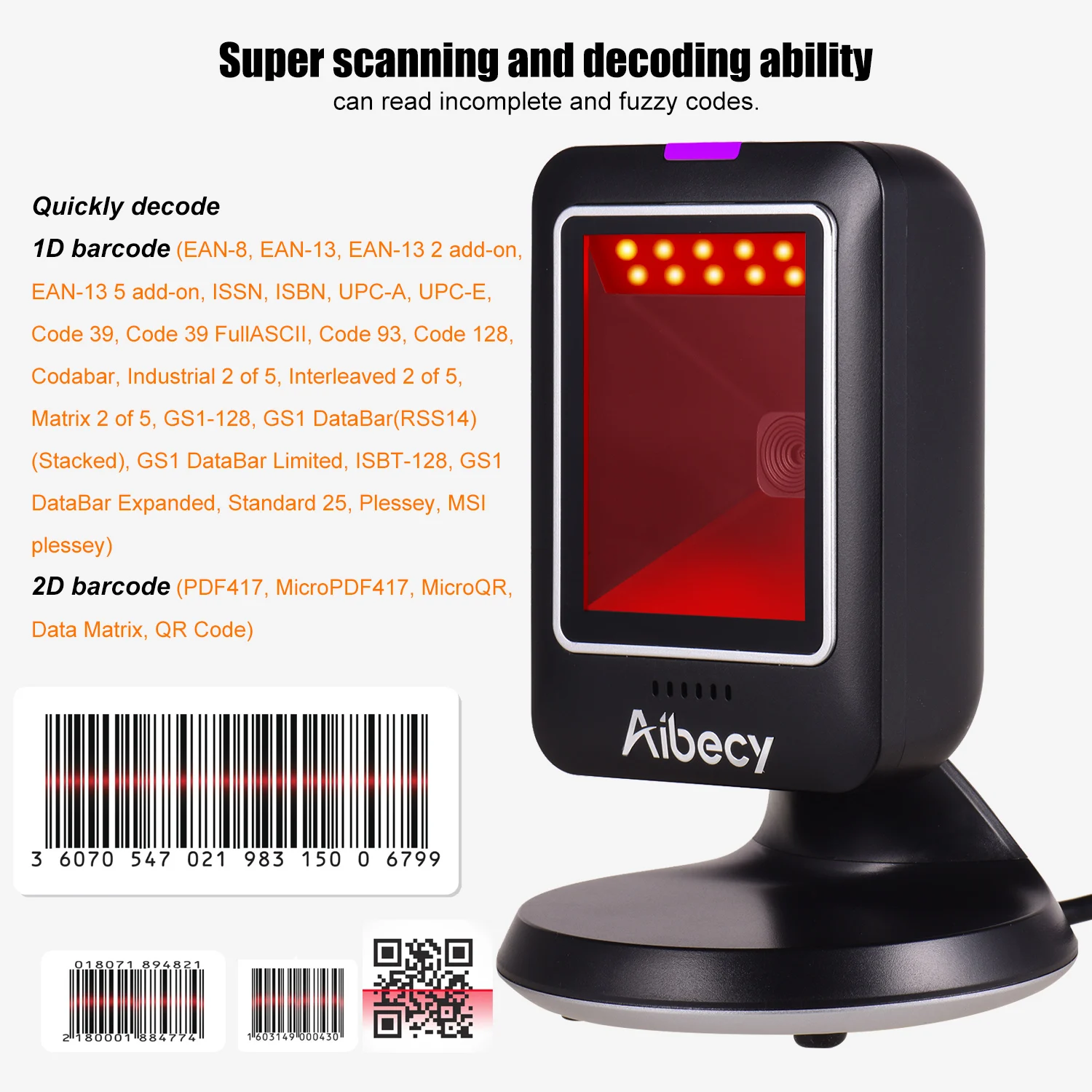 Aibecy MP6300Y 1D/2D/QR Всенаправленный сканер штрихкодов USB проводной считыватель штрих