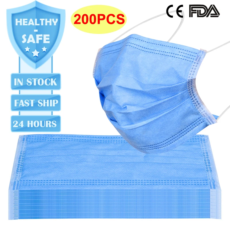 

200pcs CE Certification Disposable Medical Surgical Mask 3-Layer Non-woven Disposable Soft Breathable Anti Flu Hygiene Face Mask