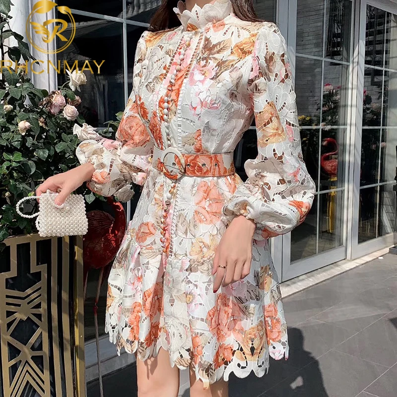 Floral Embroidery Hollow Out Lace Dress Women Ruffles Stand Collar Lantern Sleeve Single-Breasted Sashes Mermaid Short Dress Floral Embroidery Hollow Out Lace Dress Women Ruffles Stand Collar Lantern Sleeve Single-Breasted Sashes Mermaid Short Dress