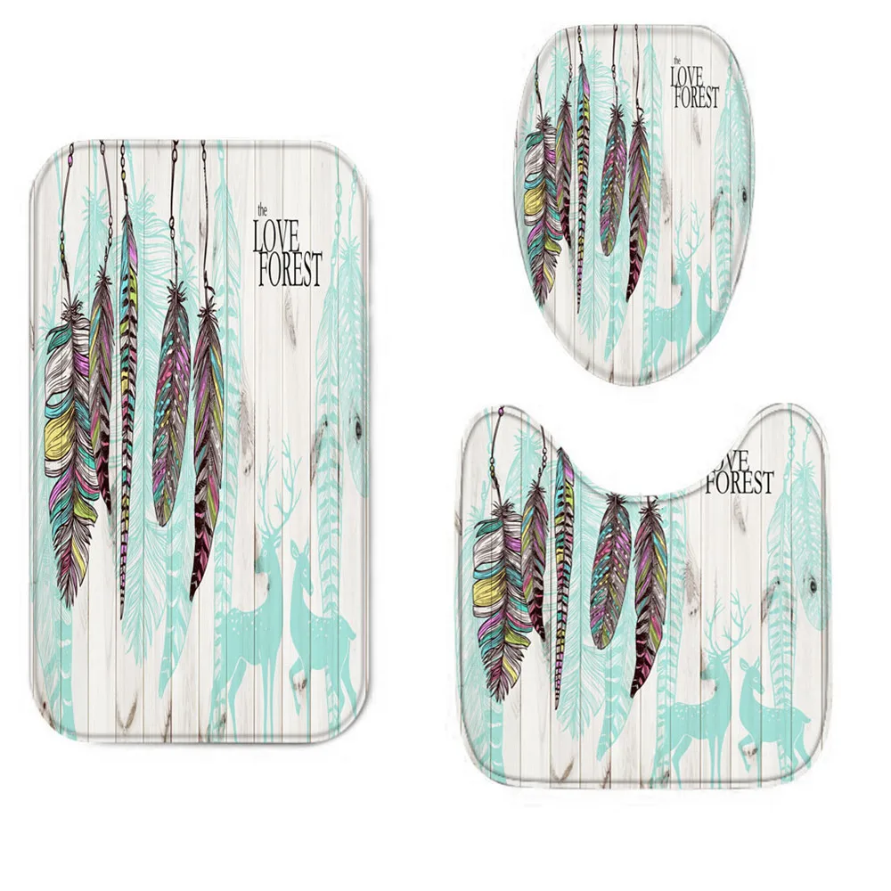 Bathroom Mats Set Feather series Shower Curtain Anti-Slip Pedestal Rug Lid Toilet Cover Shower Floor Toilet Rug Carpet - Цвет: 028-3pcs