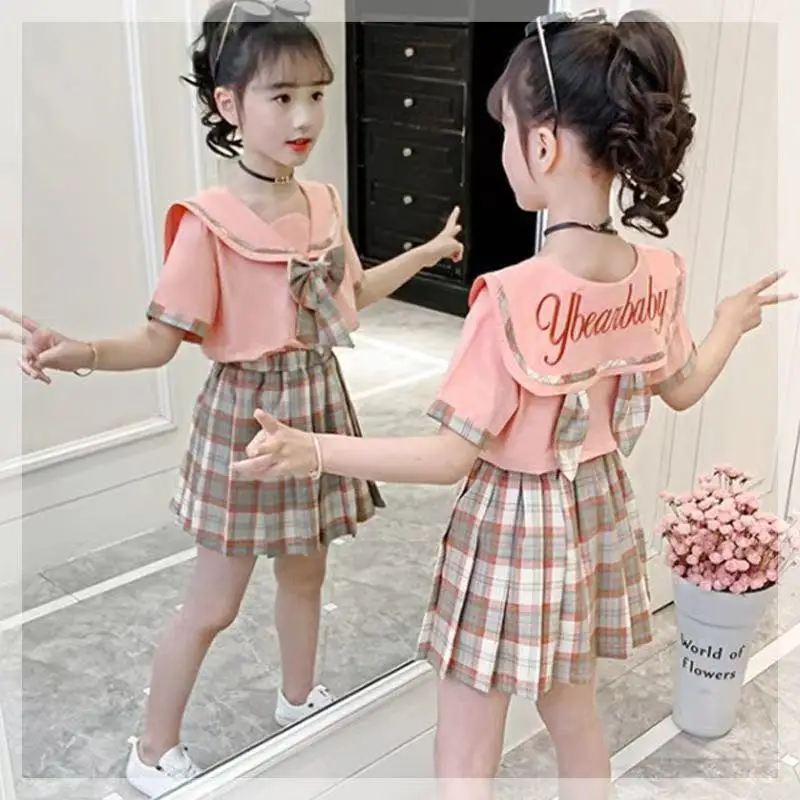 

Summer Short Sleeve Tops+Skirt Suits 2 Pieces Sets School Girl's Clothing Kids Tracksuit for Girls Uniform Plaid Girls Clothes