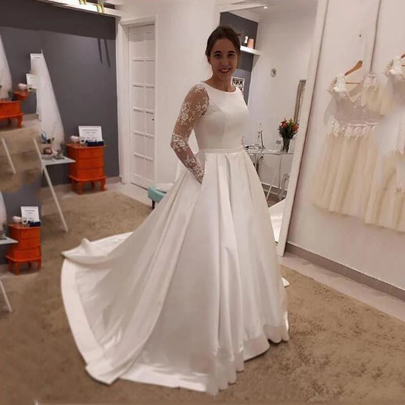 

Custom Long Sleeves Lace Appliques Wedding Dresses 2020 with Pockets Scoop Neck Ball Gown Satin Bridal Gowns Vestido De Noiva