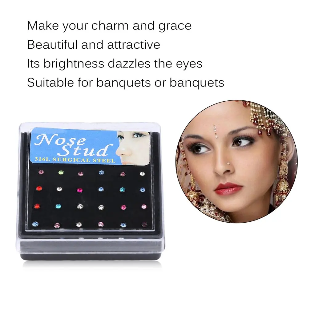 24pcs/pack Stainless Steel Rhinestone Nose Piercing Stud Straight Pins Bars Fashion Body Jewelry