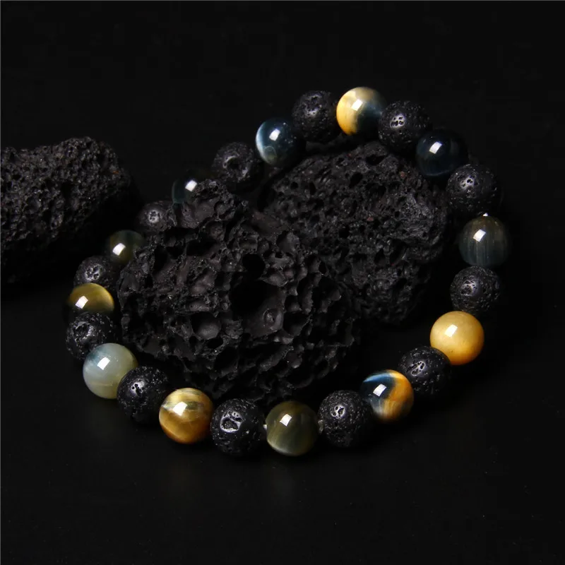 Black Lava Healing Balance Beads Reiki Buddha Prayer Natural Tiger Eye Stone Bracelet