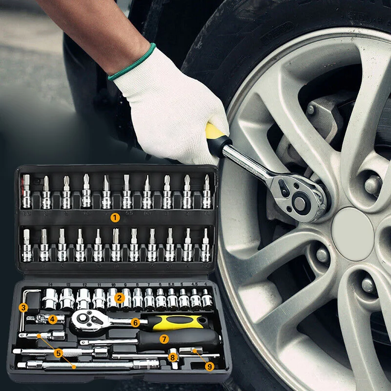

46Pcs/Kit 1/4 Spanner Socket Screwdriver Car Repair-Tool Ratchet Wrench Box Set