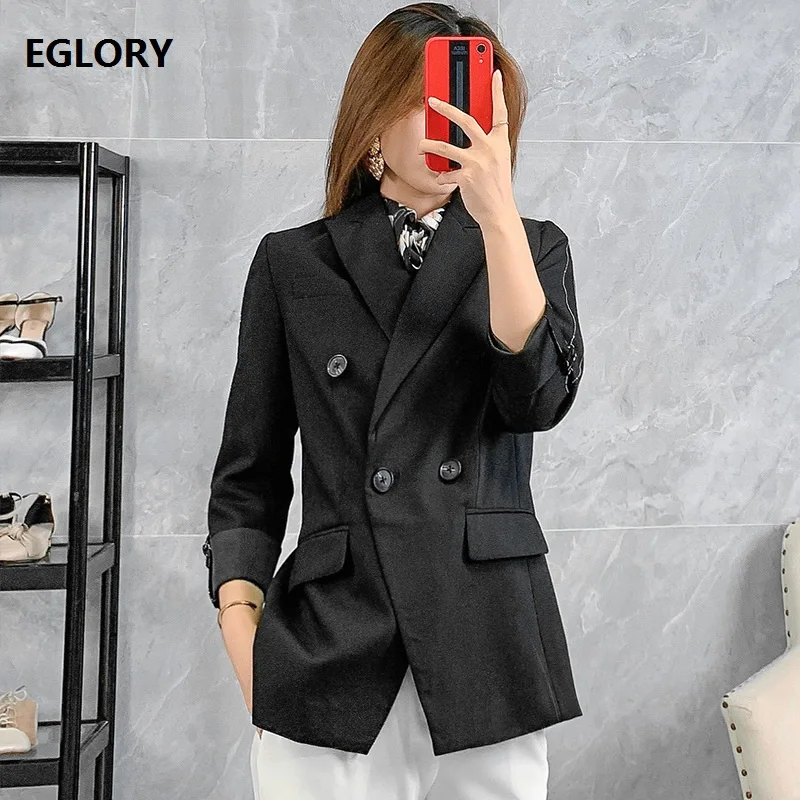 

High Quality Blazer Jacket 2019 Autumn Grey Black Blazer Women Notched Collar Striped Sleeve Double Breasted Coat Outwear Female