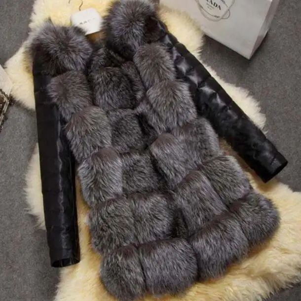 S 4XL Осенне зимнее пальто женская шуба из искусственного лисьего меха с ПУ рукава