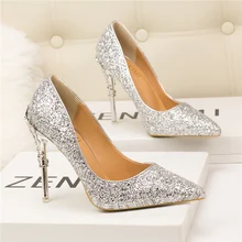 Женщина 10 см блестящие туфли на высоком каблуке с пайетками ботинки сандалии женский цвет серебристый, Золотой Escarpins; женские вечерние свадебные Scarpins Talons обувь