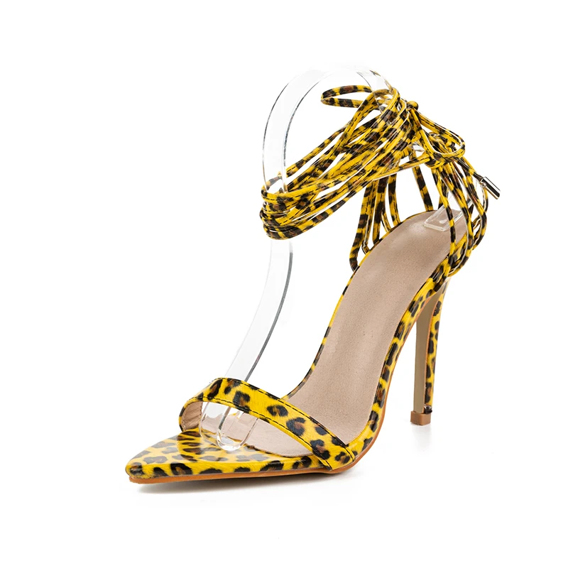 yellow leopard Kcenid/ г. Модные летние женские босоножки из PU искусственной кожи на высоком каблуке, со шнуровкой и бантом пикантная женская обувь с леопардовым принтом новые босоножки-лодочки - Цвет: yellow leopard