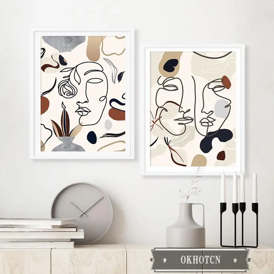 Trendy Beige Abstract Face Line Drawing Canvas Painting Wall Art Print Posters Modular Pictures Living Room Home Decoration | Дом и сад