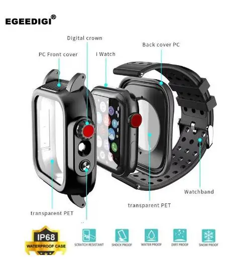 

IP68 Water proof Sport Strap Case For Apple Watch 1/2/3/4 series 38/40/42/44mm Full Protective Silicone Wrist watchbands Cover