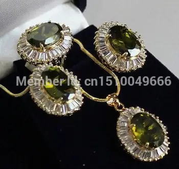 

Free Shipping Plated Inlay Peridot Crystal Necklace Ring Earring set AAA