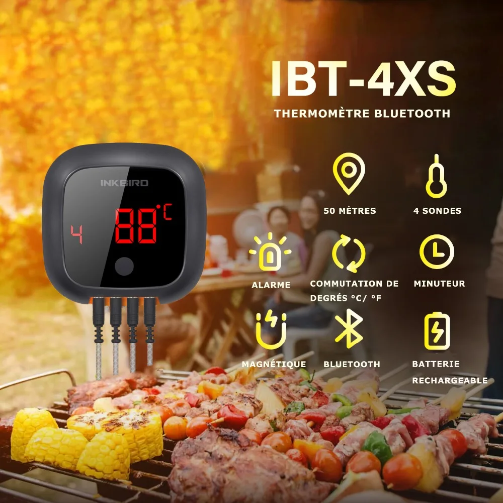 Inkbird IBT-4XS цифровой беспроводной Bluetooth кухонная печь барбекю термометр для гриля с двумя/четырьмя зондами и USB перезаряжаемой батареей