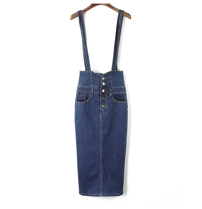 Long Denim Skirt With Straps Women Button Jeans Skirts Plus Size Long High Waist Pencil Skirt Denim Skirts Womens