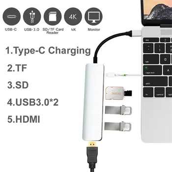

25#6in1 Computer adapter Type-C USB 3.0 to 4K HDMI USB 3.0 SD TF Card Reader 6in1 Hub Adapter for PC Macbook Pro Adapter