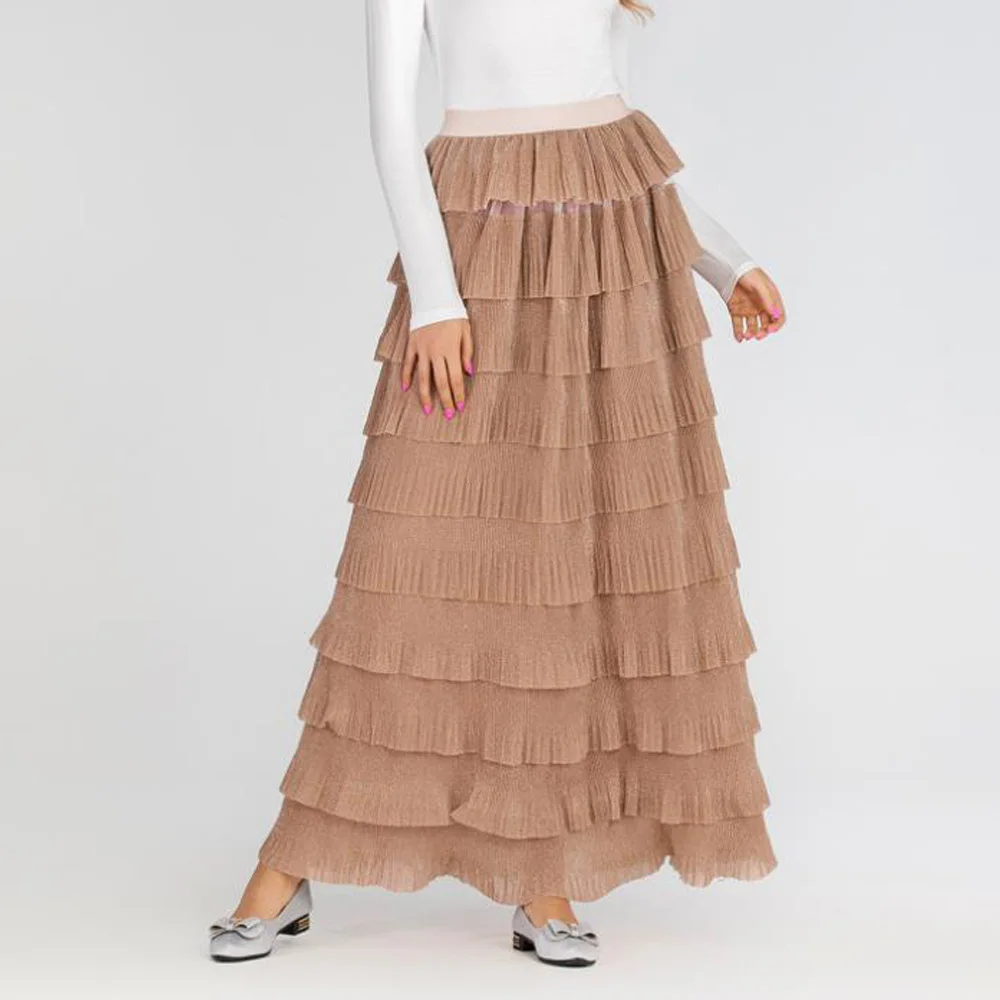 Long Skirts Ретро женская черная юбка с оборками эластичная высокая талия турецкая исламская длинная юбка Повседневная женская мусульманская многослойная юбка с оборками низ - Цвет: Long Skirts