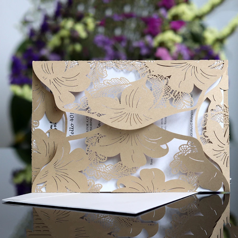 10pcs Elegant Square Hollow Lover Flower Laser Cut Wedding Invitation Card With Ribbon Personalized - 4.0003E+12