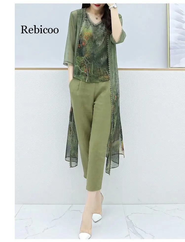 cute two piece sets Summer Green Chiffon Printed 3 Piece Sets Women Plus Size Vest+cardigan+cropped Pants Suits Elegant Korean Womens Sets Femme white co ord set